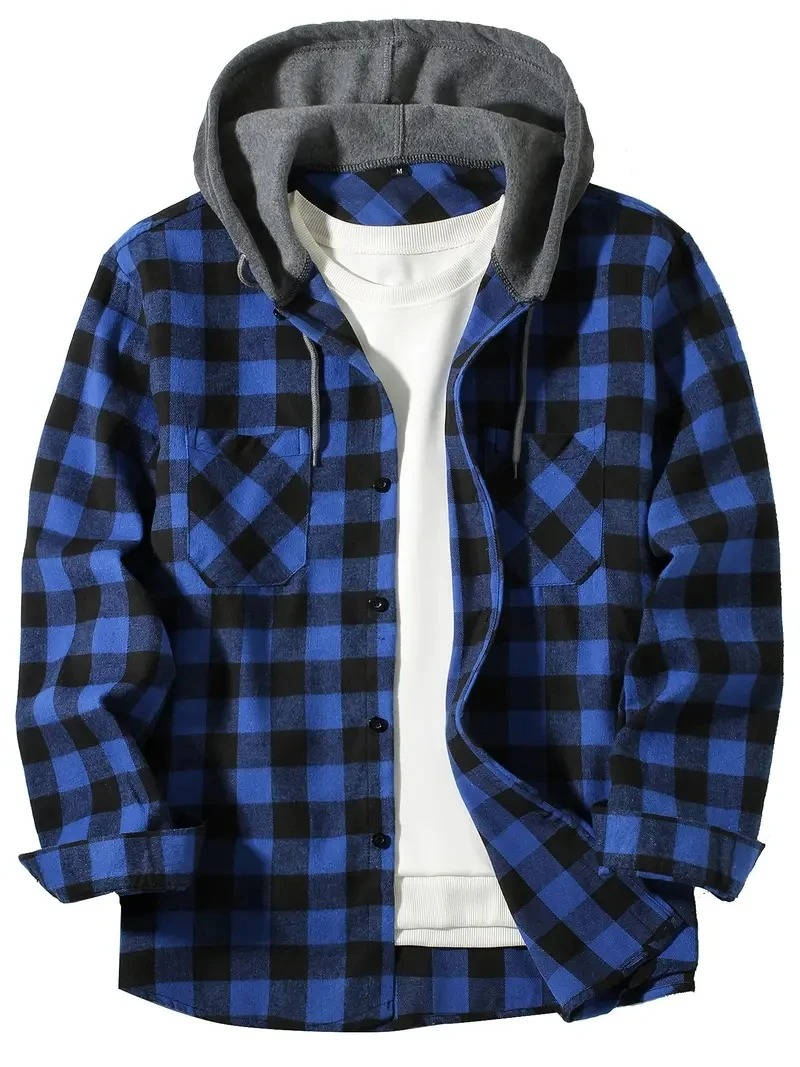 TrendAura Men's Hooded Flannel Shirt Red And Black Buffalo Plaid With Cozy Fleece Lined Hood