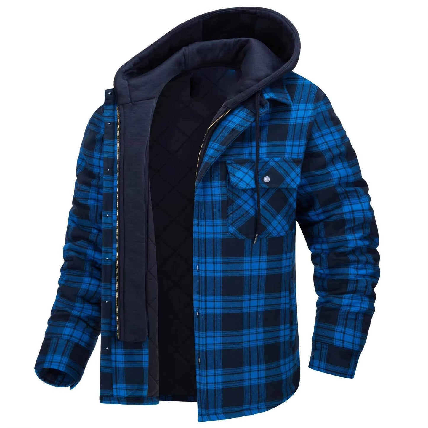TrendAura Mens Hooded Plaid Bomber Jacket With Zip Front And Warm Lining For Everyday Wear