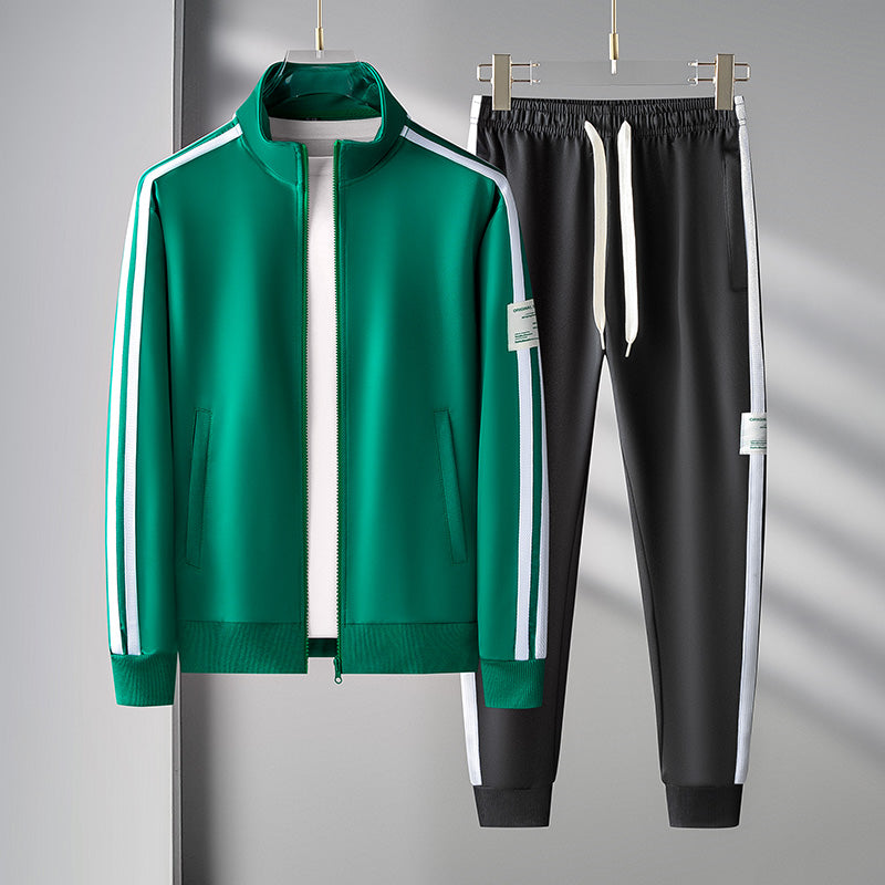 Mens Two Piece Athletic Tracksuit Set With Zip Front Jacket And Joggers Black With Green Stripe Accents