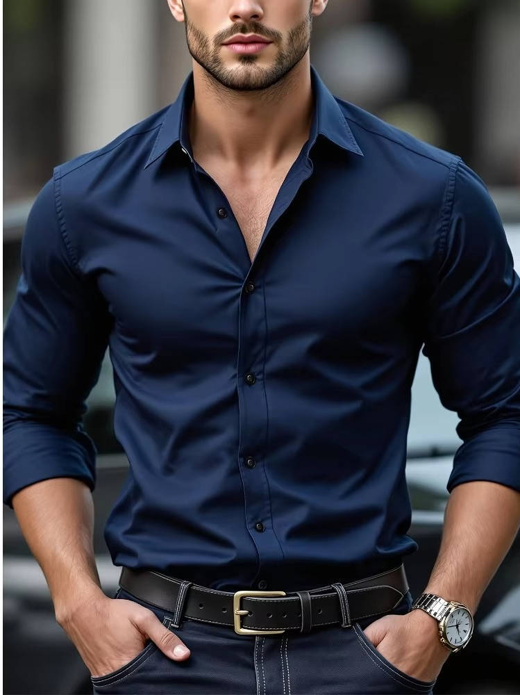 TrendAura Mens Burgundy Long Sleeve Shirt Slim Fit Stretch Cotton Dress Shirt For Work And Occasions
