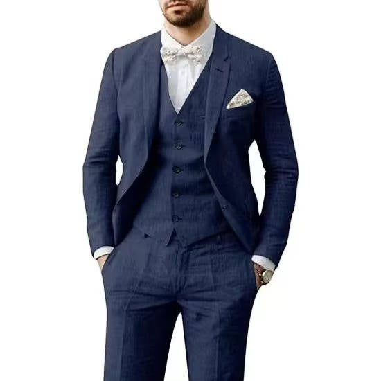Men's Casual Linen Suit With Vest In Light Blue For Summer Weddings By TrendAura Brand