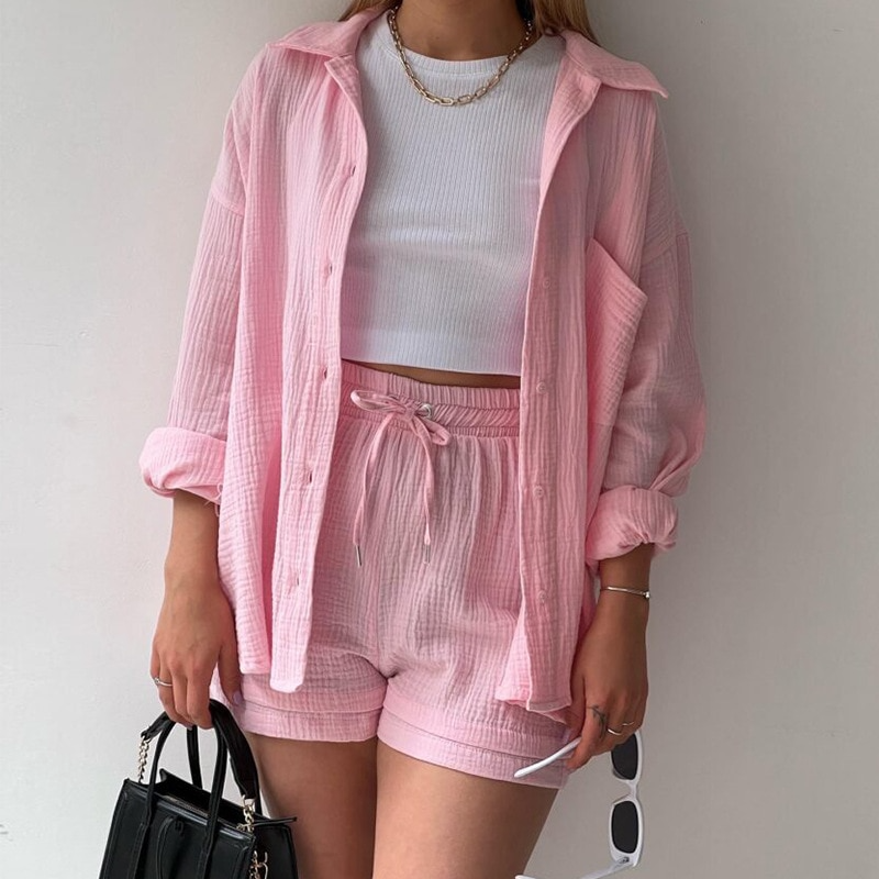Women's Set - Lightweight Cotton - Button-Up Shirt & Elastic Waist Shorts