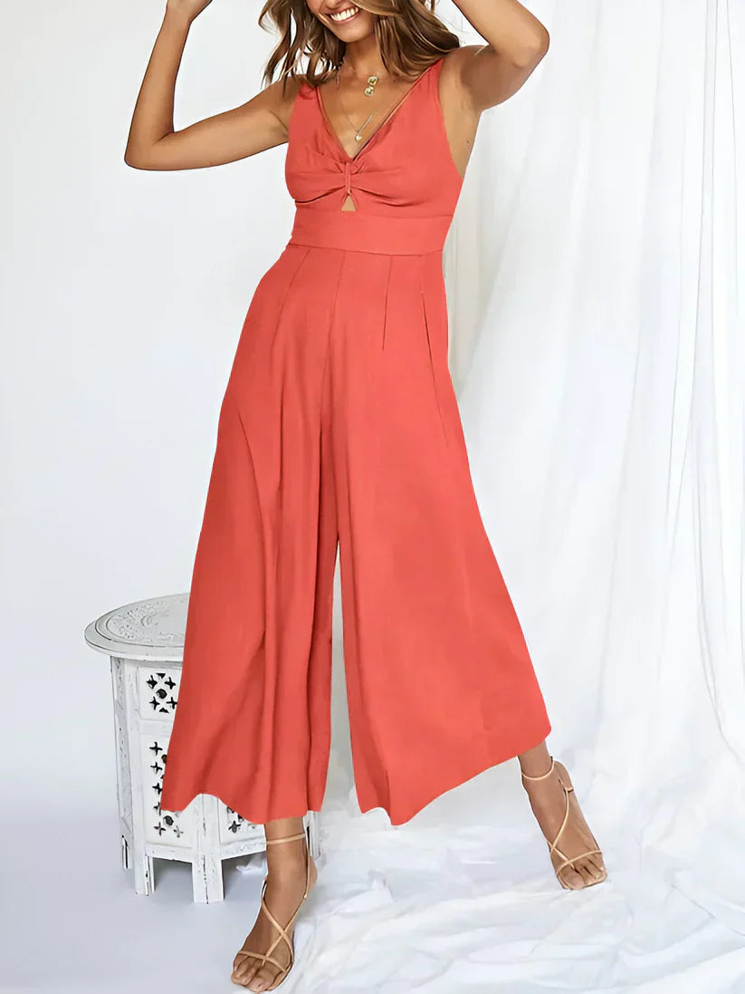 Women's Sleeveless V Neck Jumpsuit With High Waist And Wide Leg Comfort Navy Blue