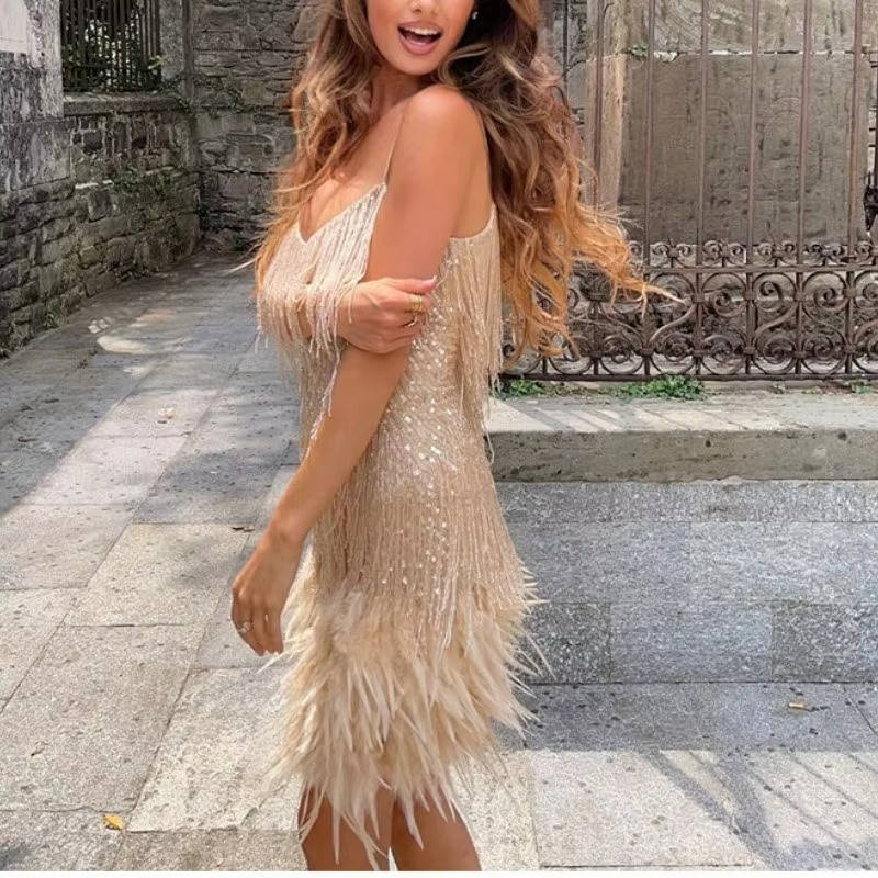 White Fringe Cocktail Dress With Feather Hem