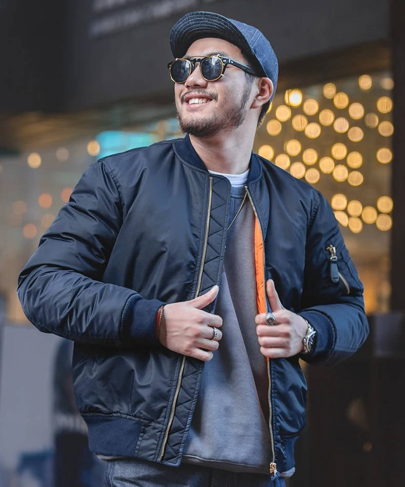 Men's Olive Green Bomber Flight Jacket With Nylon Shell And Front Zipper Pockets