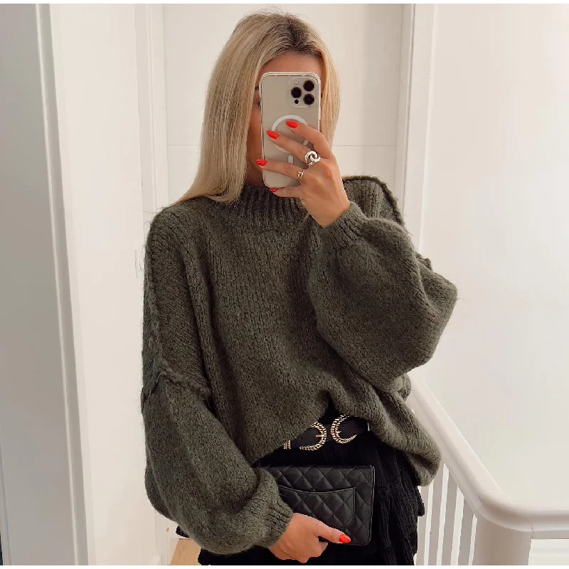 Women’s Sweatshirt – Oversized Relaxed Fit – Knit Long Length – Balloon Sleeves – Round Neck
