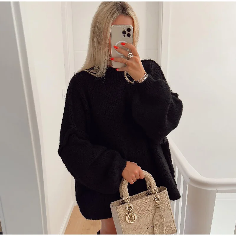 Women’s Sweatshirt – Oversized Relaxed Fit – Knit Long Length – Balloon Sleeves – Round Neck