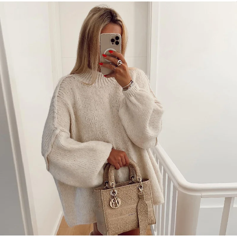 Women’s Sweatshirt – Oversized Relaxed Fit – Knit Long Length – Balloon Sleeves – Round Neck