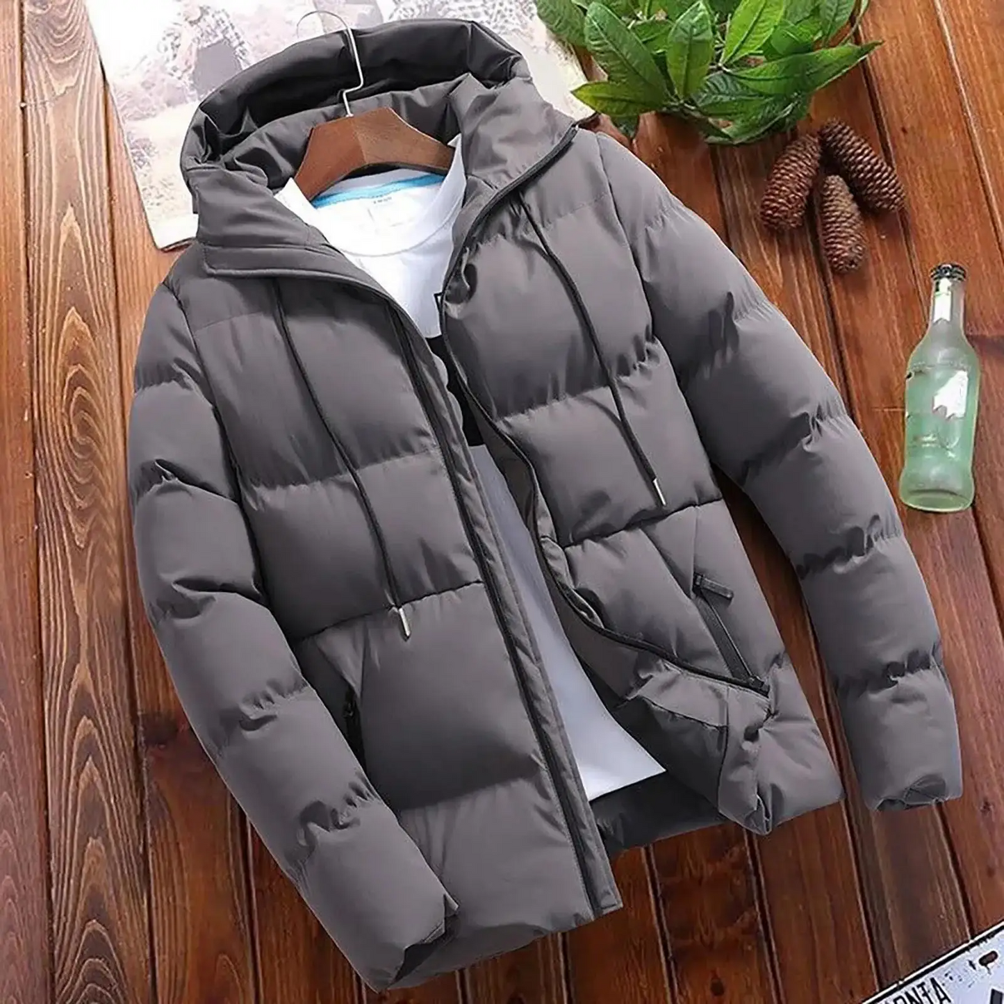 Men's Parka Jacket Quilted Insulated Hooded Regular Fit Zippered Warm Winter Outerwear