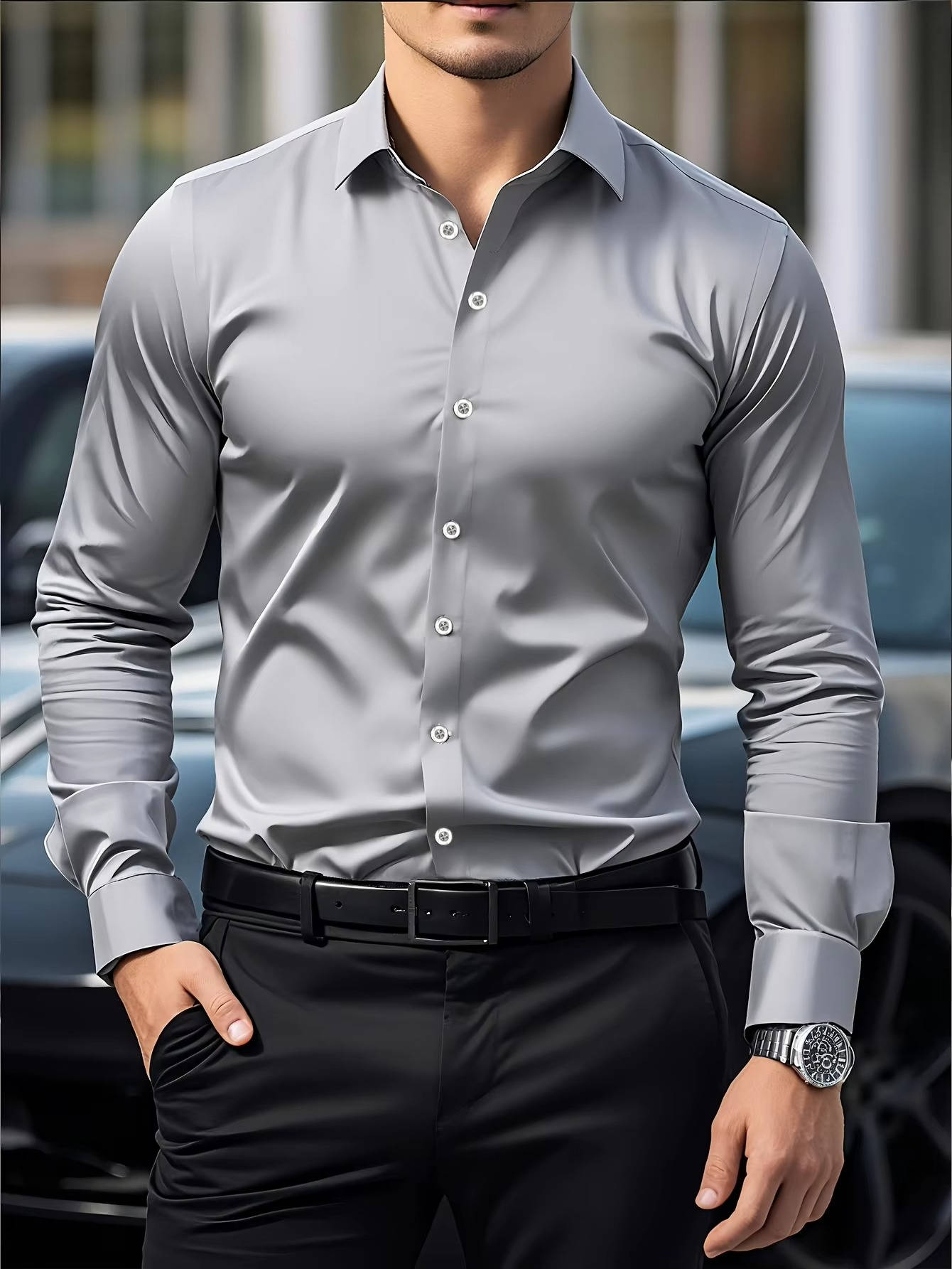 TrendAura Mens Long Sleeve Button Down Shirt With Cuffs Slim Fit Dress Shirt For Office And Casual