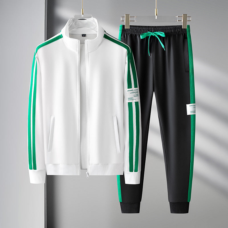Mens Two Piece Athletic Tracksuit Set With Zip Front Jacket And Joggers Black With Green Stripe Accents