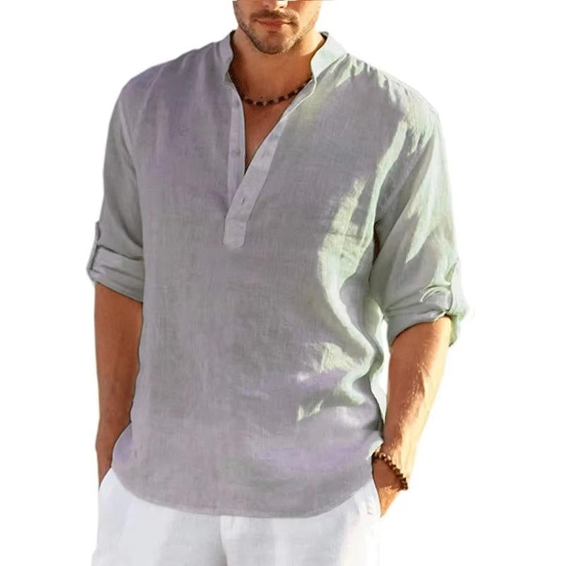 Men's Linen Henley Shirt With Rolled Sleeves Breathable Lightweight Casual Summer Style By TrendAura