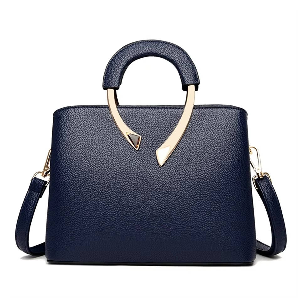 TrendAura Pebbled Leather Handbag With Gold Metal Handle - Polished Structured Everyday Essential