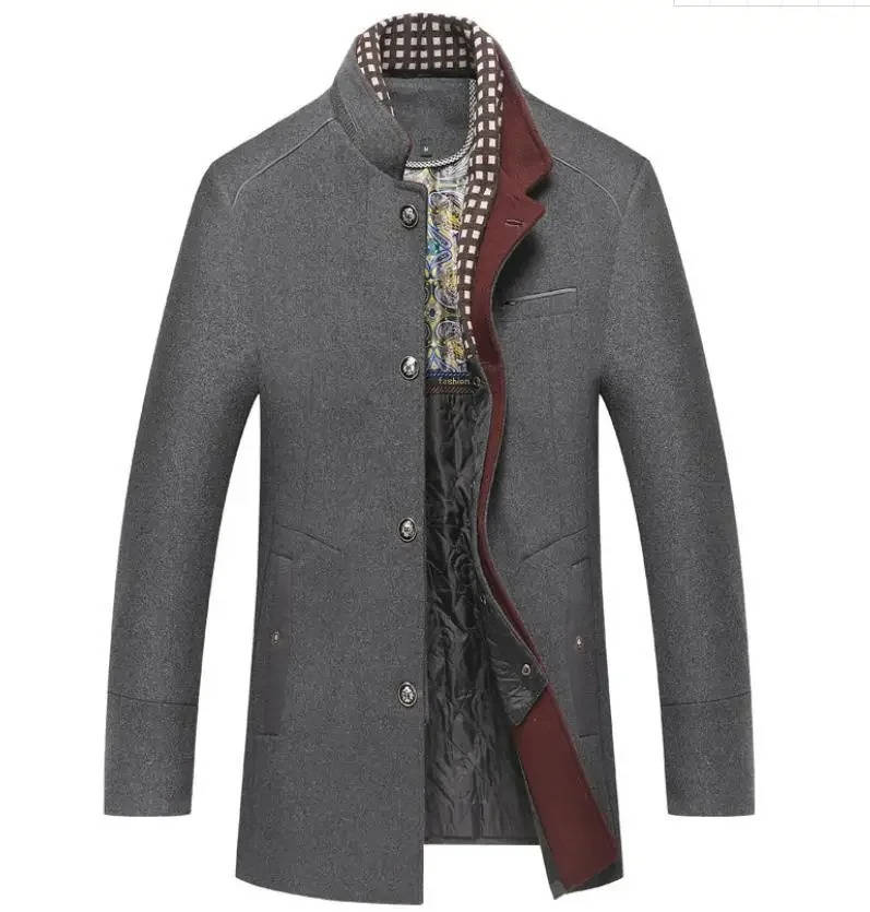 TrendAura Mens Wool Coat With Stand Up Collar Navy Blue Button Front With Zip Pockets Classic Winter Outerwear