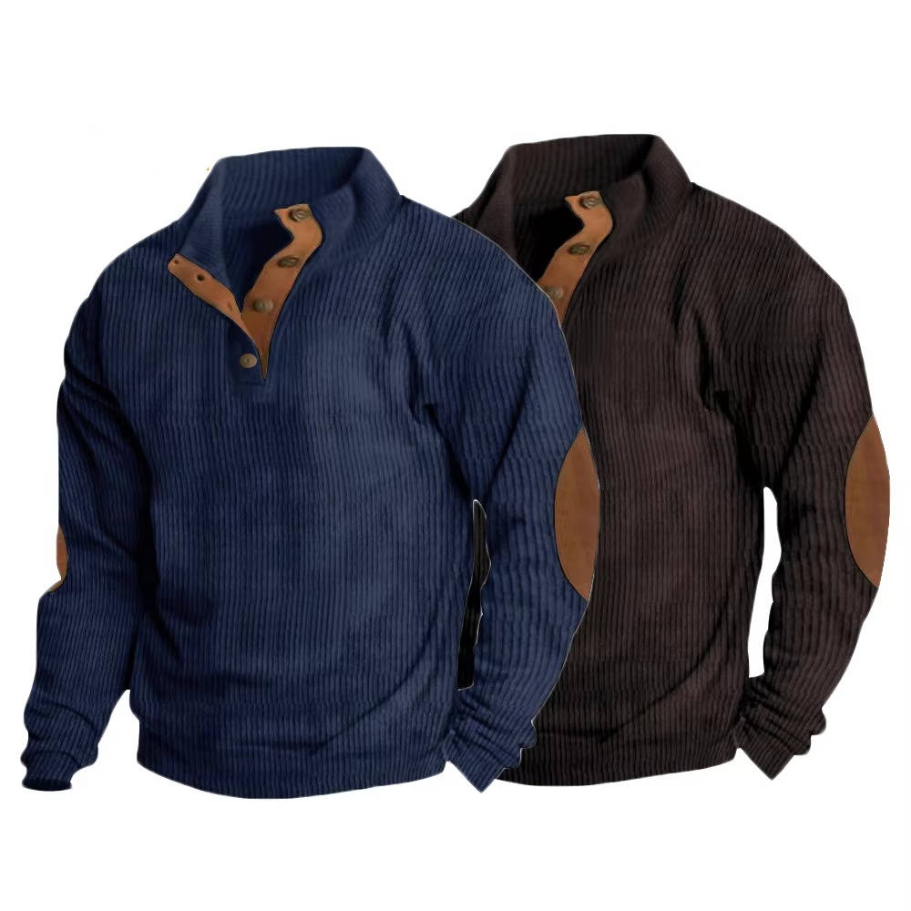 Mens Button Neck Pullover Sweater With Elbow Patches Casual Classic Knit Warm Everyday Wear