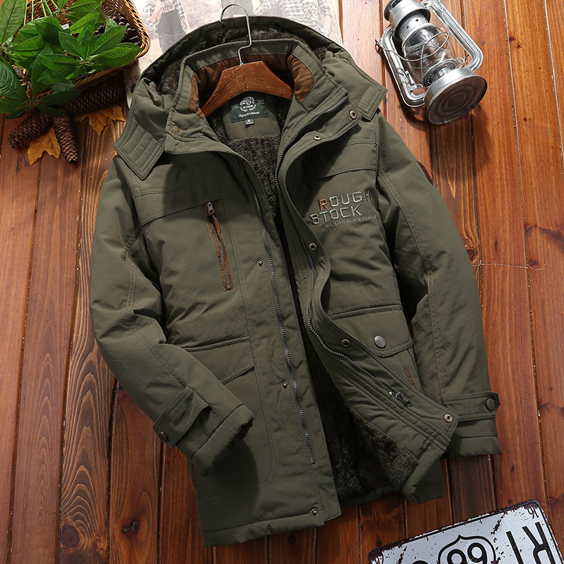 TrendAura Men's Hooded Winter Coat With Plush Lining, Loose Fit, Mid-Thigh Length, Multiple Pockets