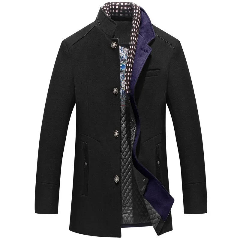 TrendAura Mens Wool Coat With Stand Up Collar Navy Blue Button Front With Zip Pockets Classic Winter Outerwear