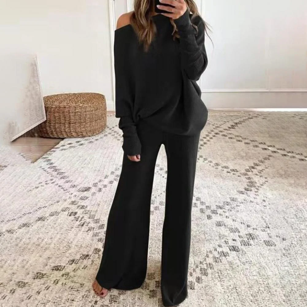Women’s Two-Piece Loungewear Set – Soft Knit – Oversized Fit – One-Shoulder Top – Wide-Leg Pants
