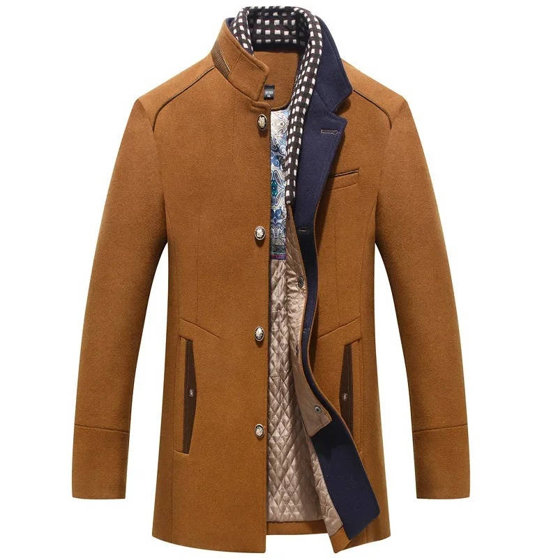 TrendAura Mens Wool Coat With Stand Up Collar Navy Blue Button Front With Zip Pockets Classic Winter Outerwear