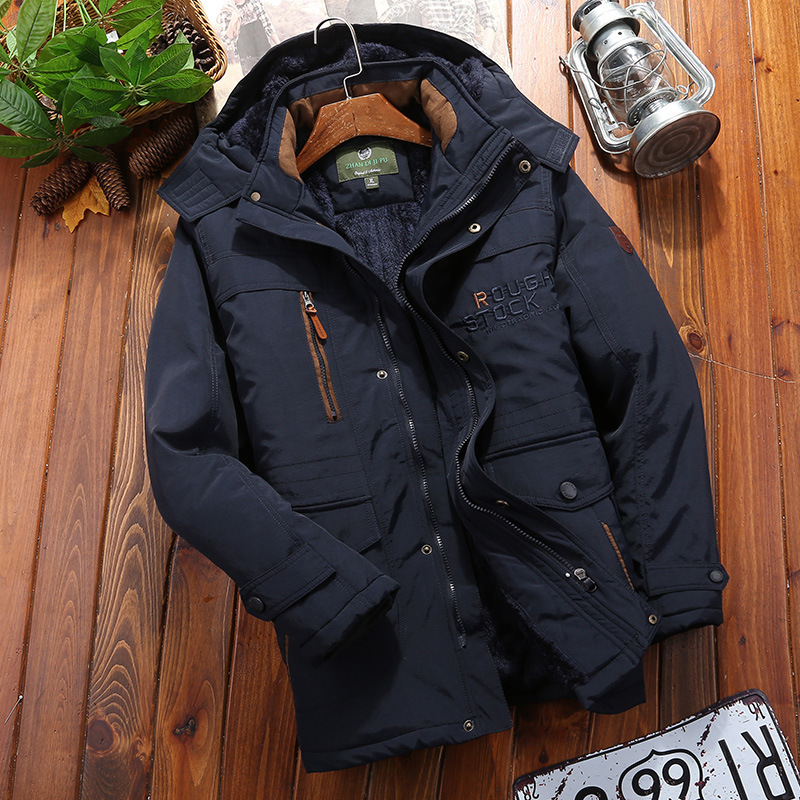 TrendAura Men's Hooded Winter Coat With Plush Lining, Loose Fit, Mid-Thigh Length, Multiple Pockets