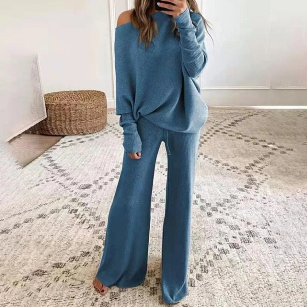 Women’s Two-Piece Loungewear Set – Soft Knit – Oversized Fit – One-Shoulder Top – Wide-Leg Pants
