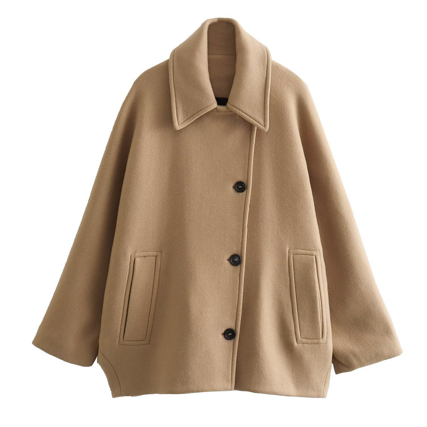 Women’s Coat – Oversized Fit – Wool Texture – Batwing Sleeve – Lapel Collar – Button Front