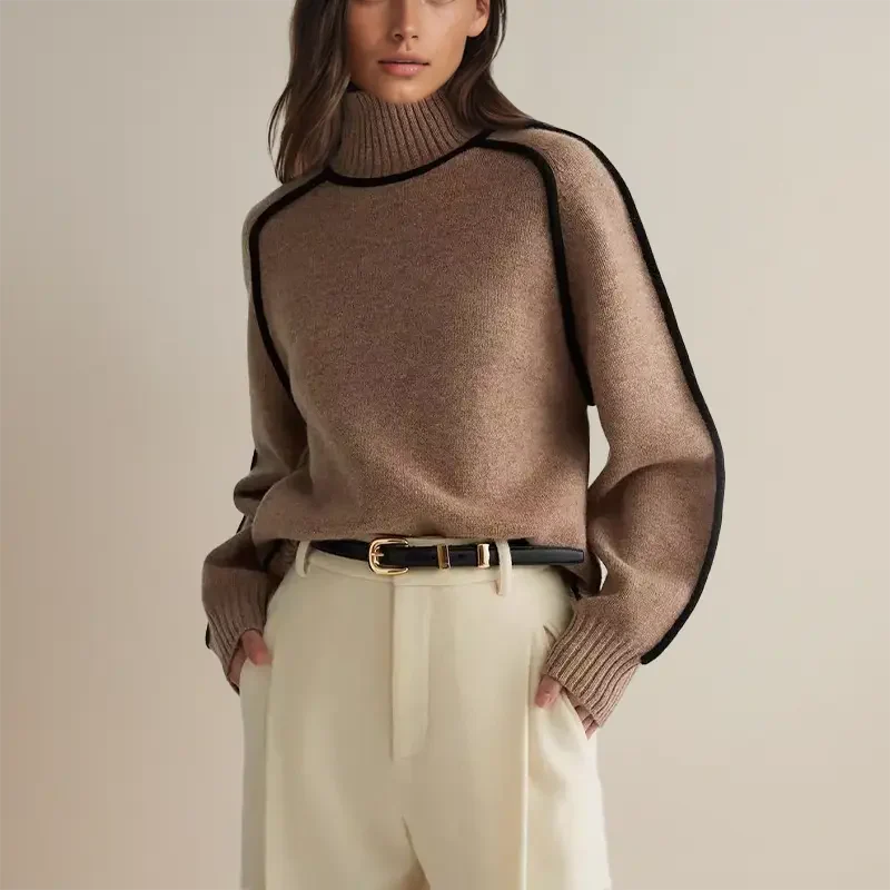 Women’s Pullover Sweatshirt – Relaxed Fit – Mock Turtleneck – Ribbed Cuffs – Wool Blend – Contrast Piping