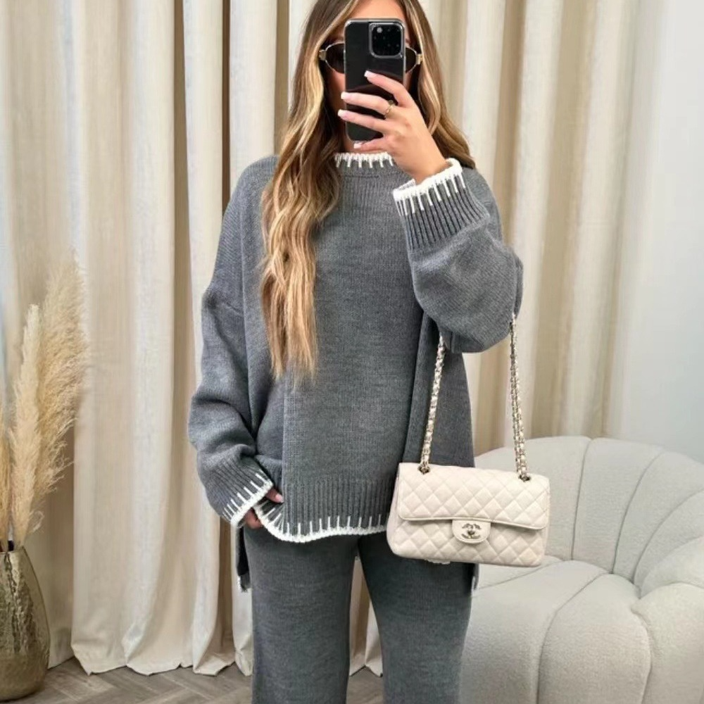 Women’s With Two-Piece  Lounge  Set – Knitted Fabric – Loose Fit – Wide Neck Top – High Waist Pants