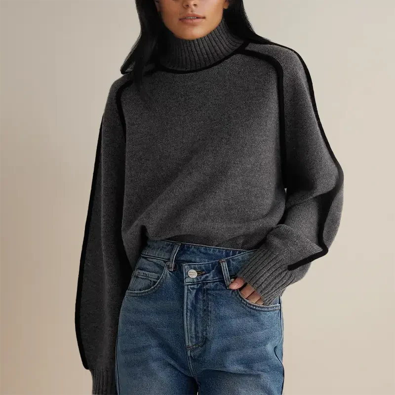 Women’s Pullover Sweatshirt – Relaxed Fit – Mock Turtleneck – Ribbed Cuffs – Wool Blend – Contrast Piping