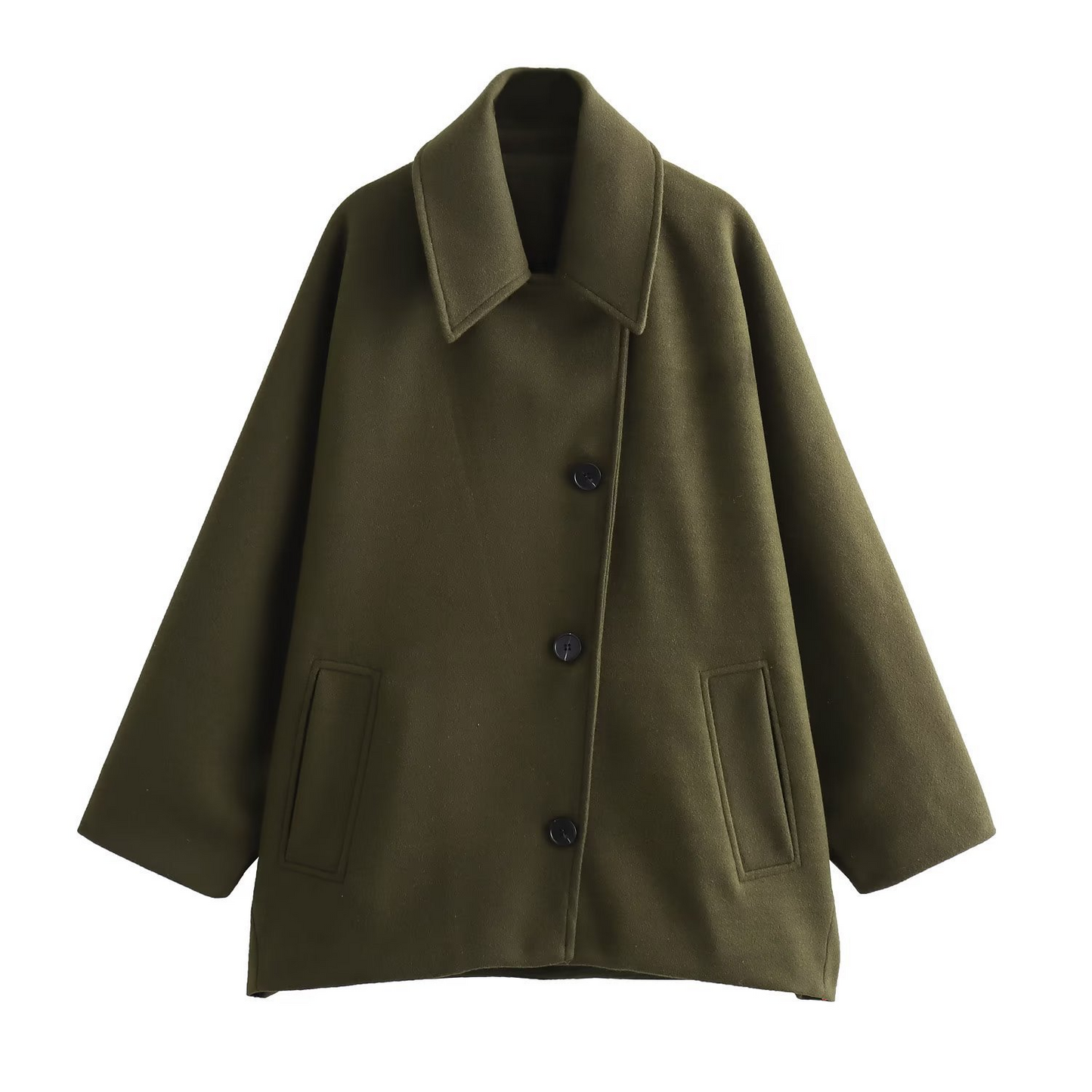 Women’s Coat – Oversized Fit – Wool Texture – Lapel Collar – Batwing Sleeve – Button Front