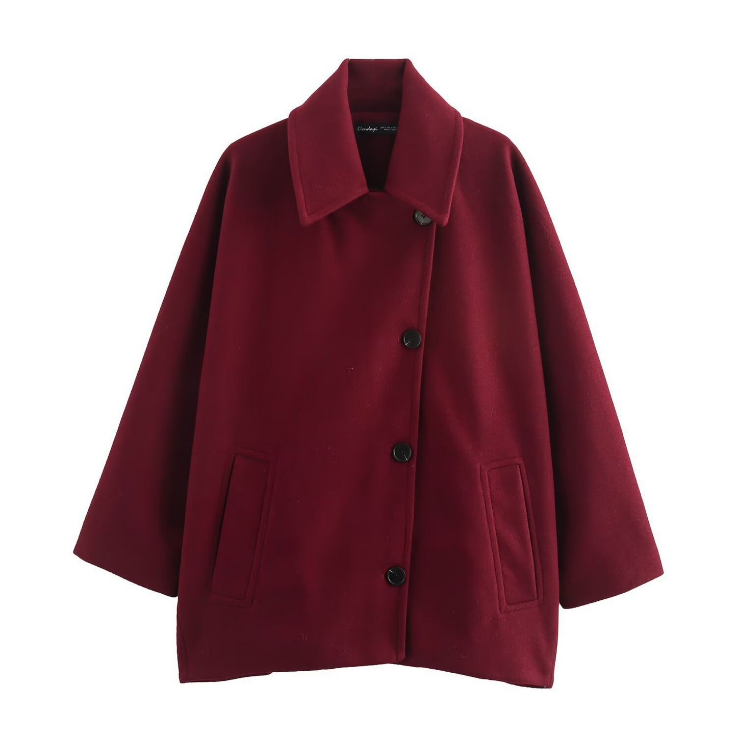 Women’s Coat – Oversized Fit – Wool Texture – Batwing Sleeve – Lapel Collar – Button Front