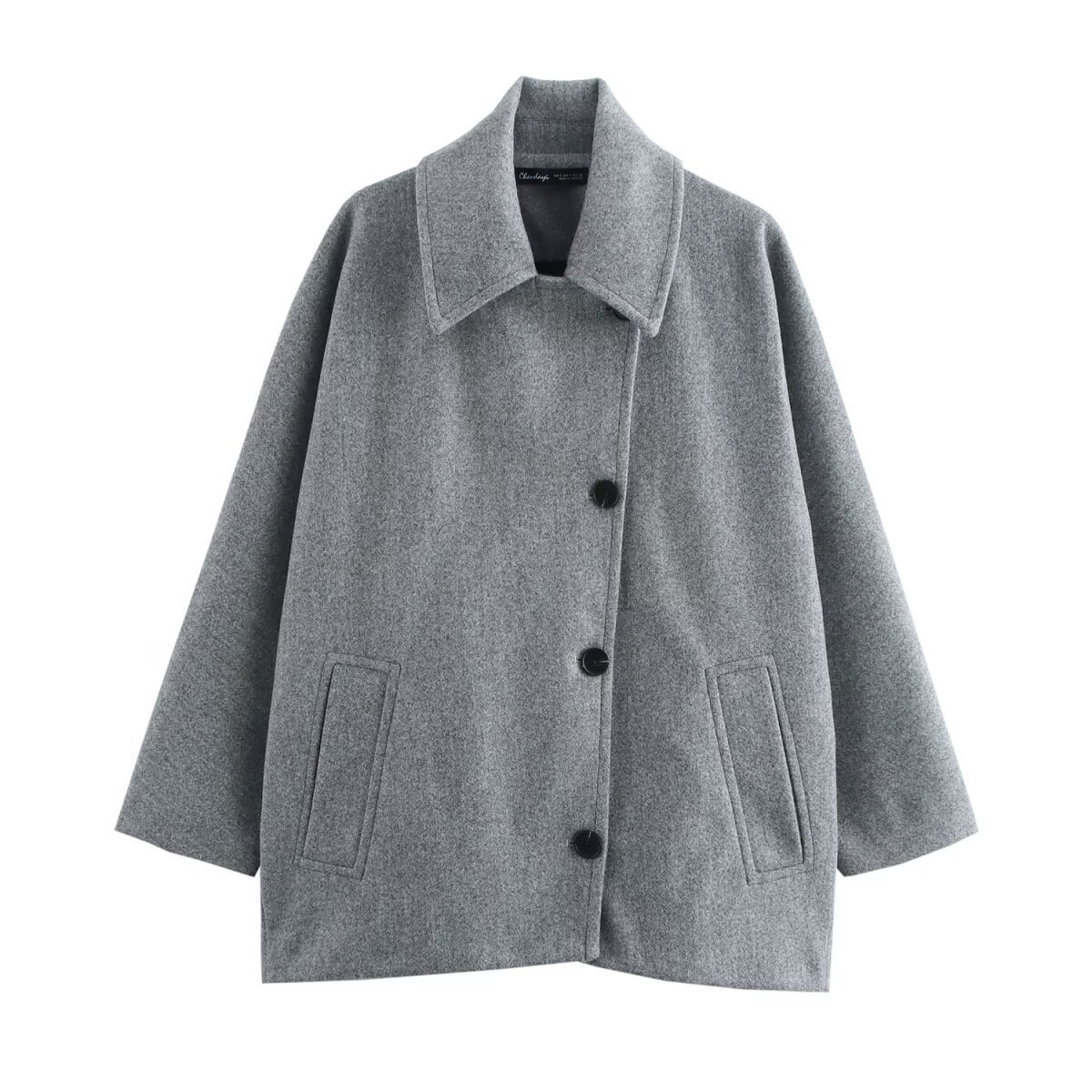 Women’s Coat – Oversized Fit – Wool Texture – Batwing Sleeve – Lapel Collar – Button Front