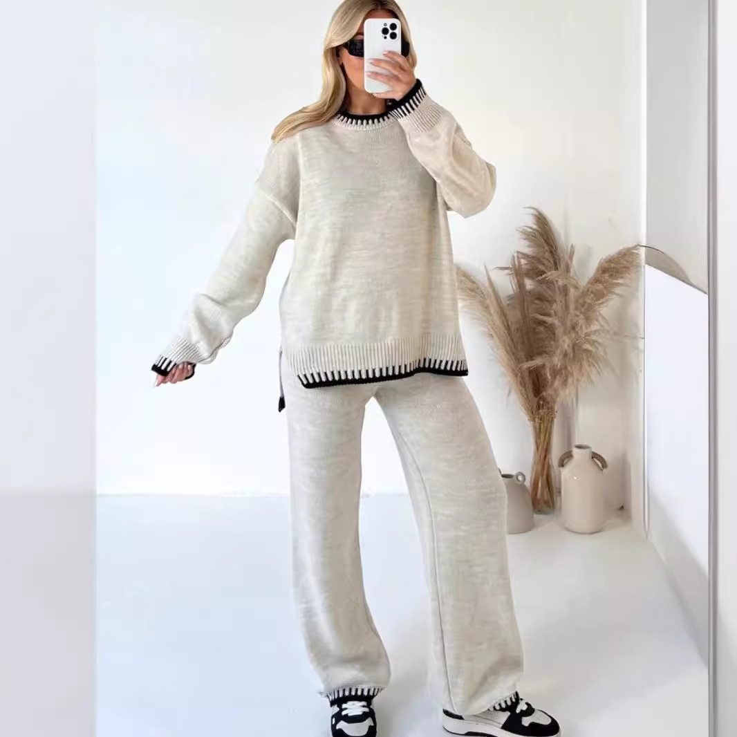 Women’s With Two-Piece  Lounge  Set – Knitted Fabric – Loose Fit – Wide Neck Top – High Waist Pants
