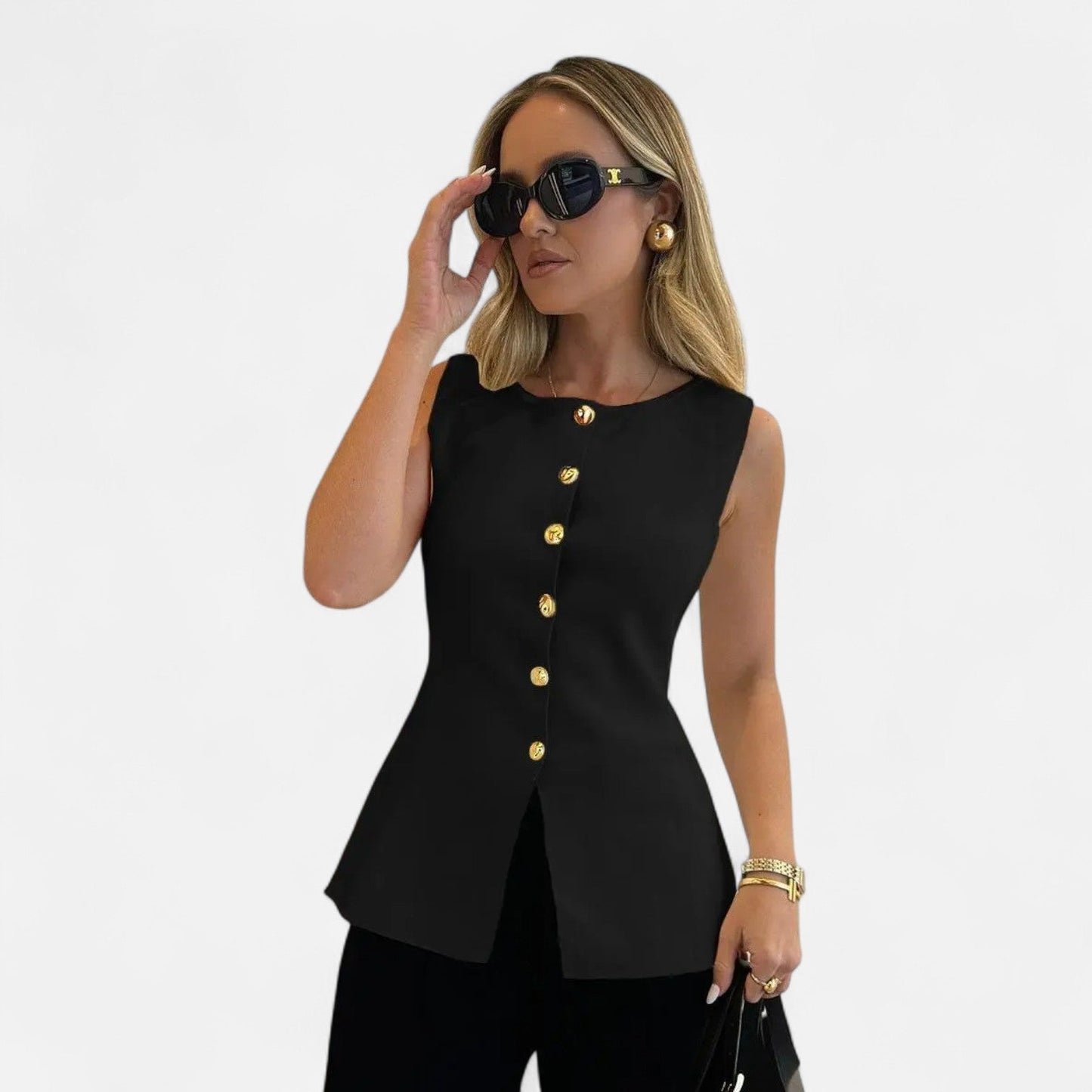 Ancienne Monde | Gold Sleeveless Vest for Women – Fitted V-Neck Cardigan for Autumn