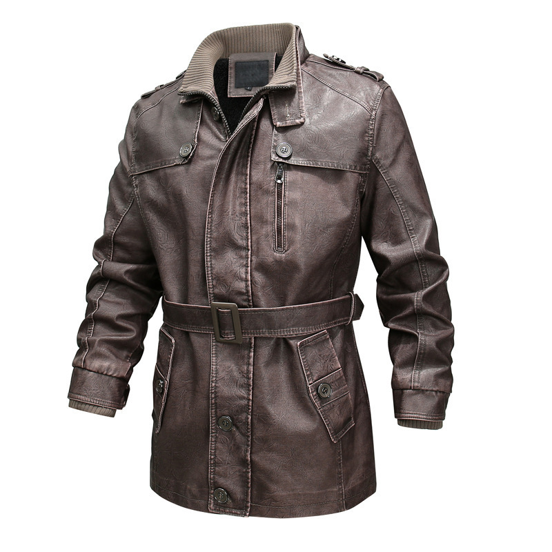 Mens Trench Coat Regular Fit Washed Leather Look Plush Lined Belted Waist Asymmetrical Zip Ribbed Collar Cuffs