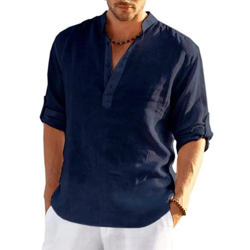 Men's Linen Henley Shirt With Rolled Sleeves Breathable Lightweight Casual Summer Style By TrendAura
