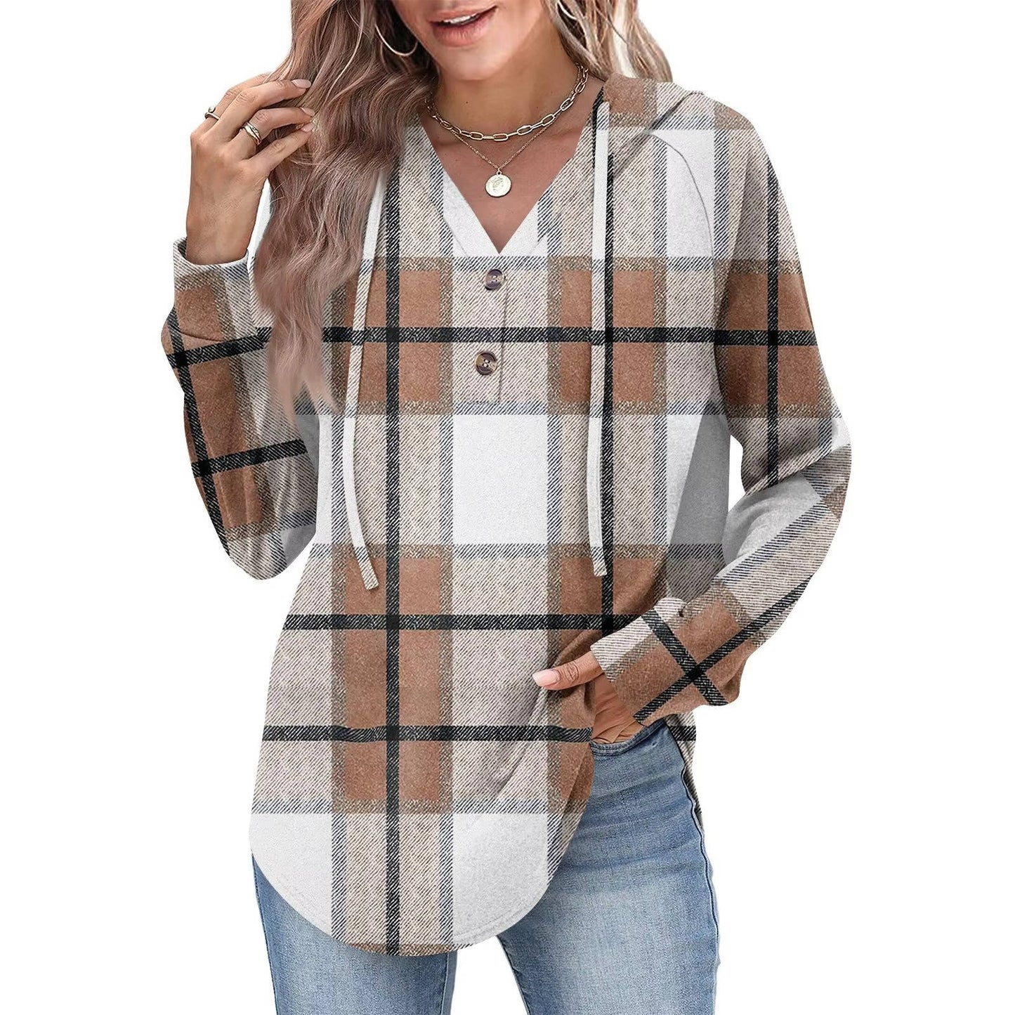 Womens Tops V Neck Button Sweatshirt with Hood