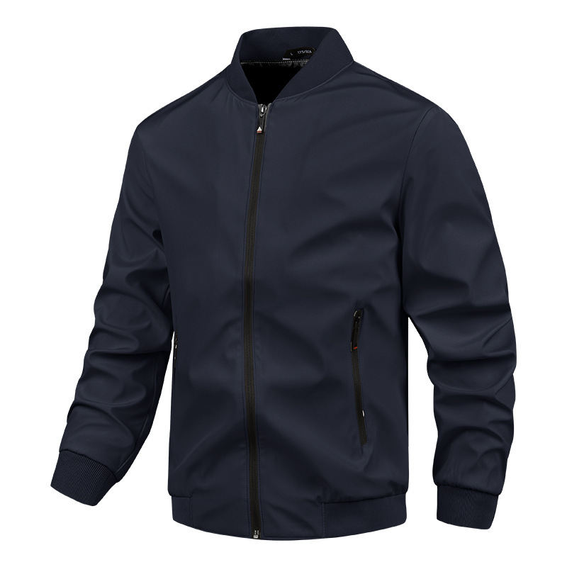 Men's Stand Collar Windproof Jacket With Zipper Closure And Ribbed Trim Regular Fit