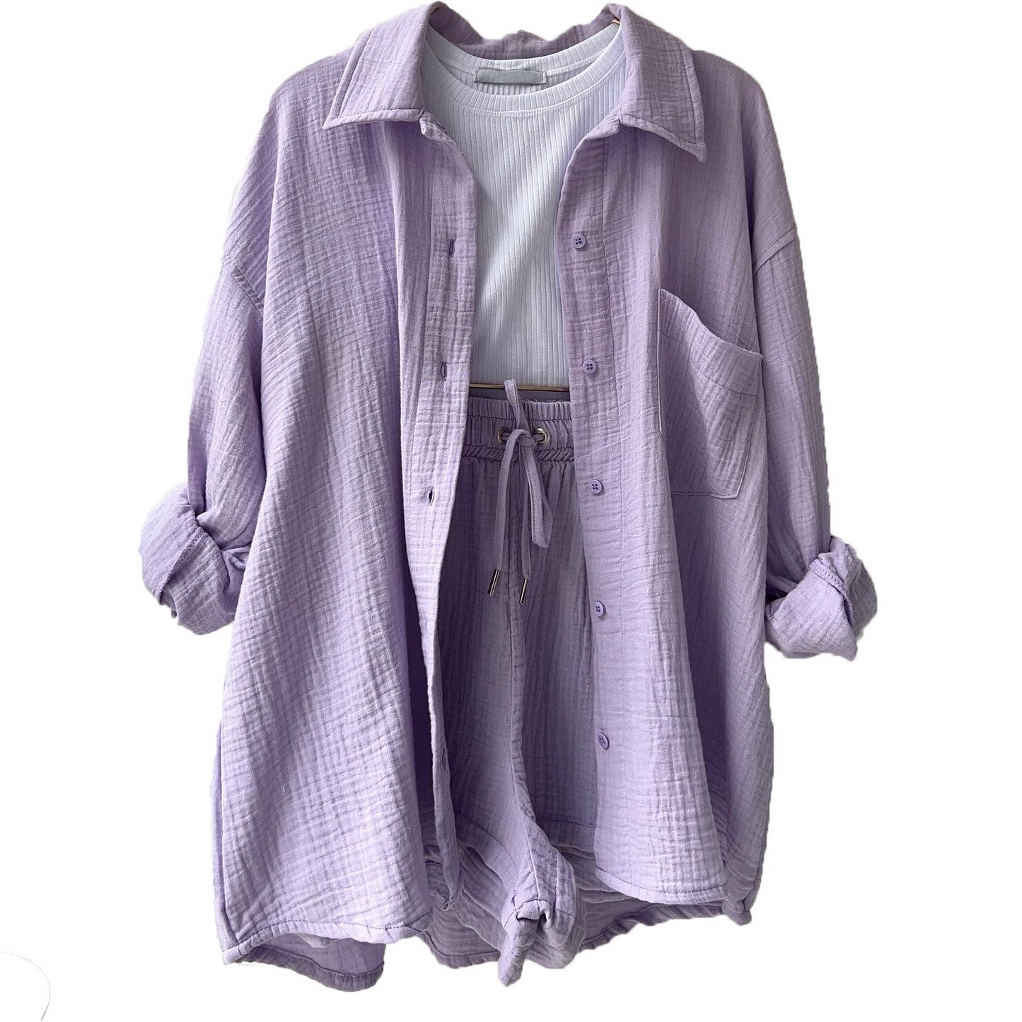 Women's Set - Lightweight Cotton - Button-Up Shirt & Elastic Waist Shorts