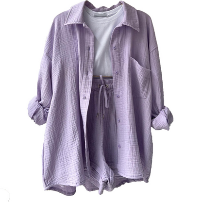 Women's Set - Lightweight Cotton - Button-Up Shirt & Elastic Waist Shorts
