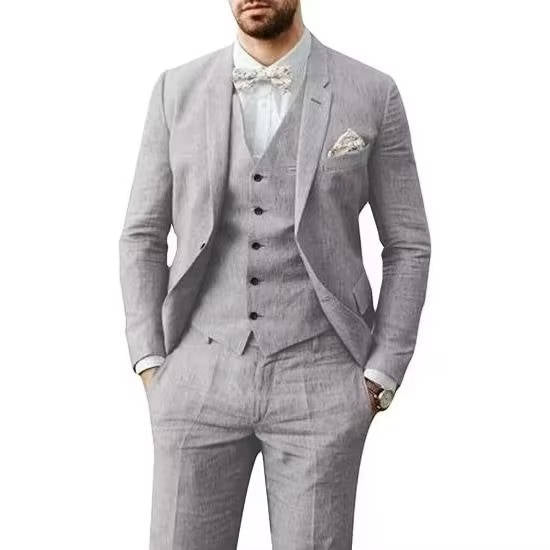 Men's Casual Linen Suit With Vest In Light Blue For Summer Weddings By TrendAura Brand