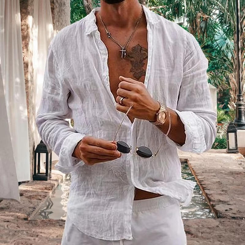 TrendAura Mens Linen Long Sleeve Shirt Breathable Lightweight Casual Daily Wear Top Natural Beige
