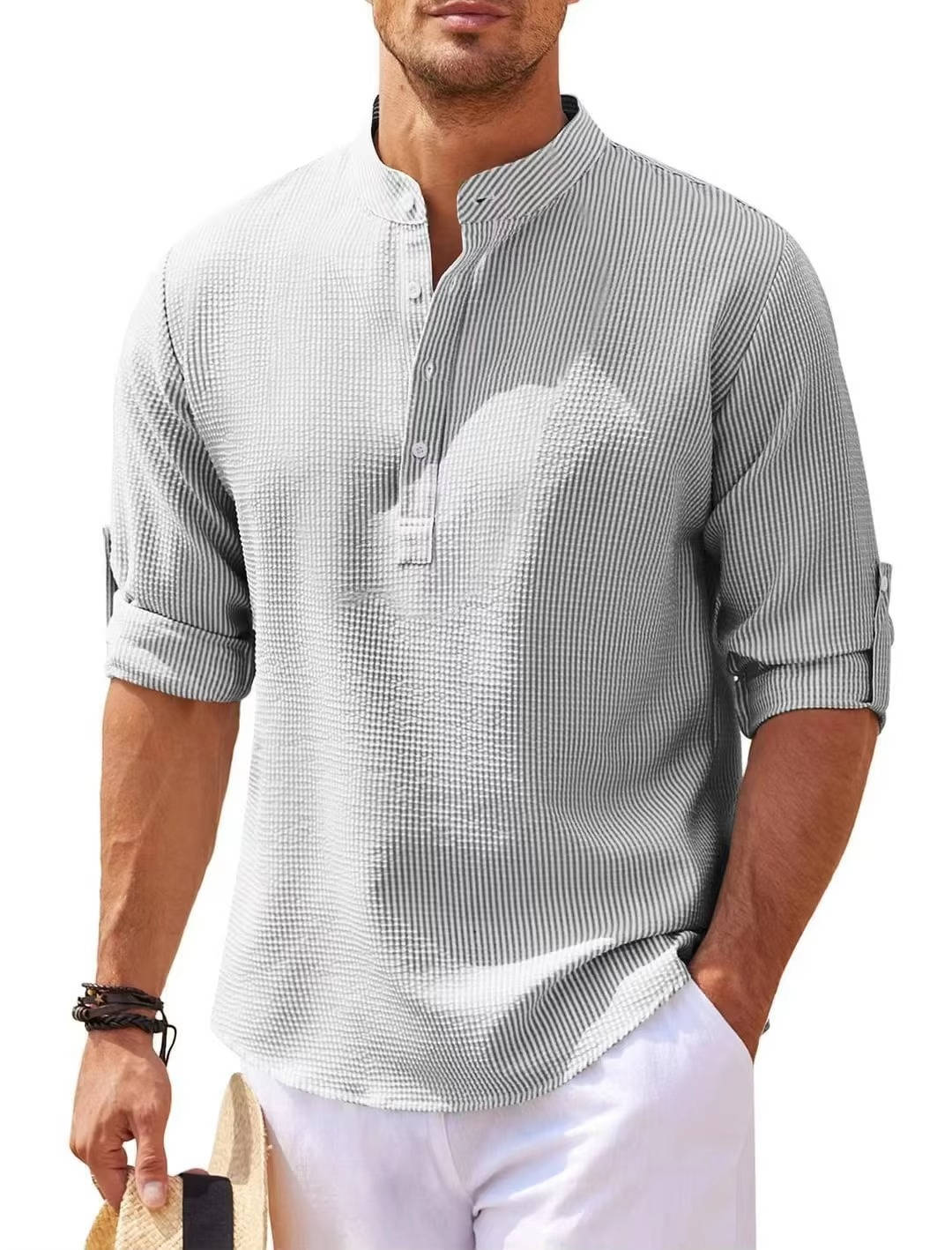 Mens Textured Waffle Knit Beige Henley Shirt With Rolled Sleeves For Everyday Casual Comfort