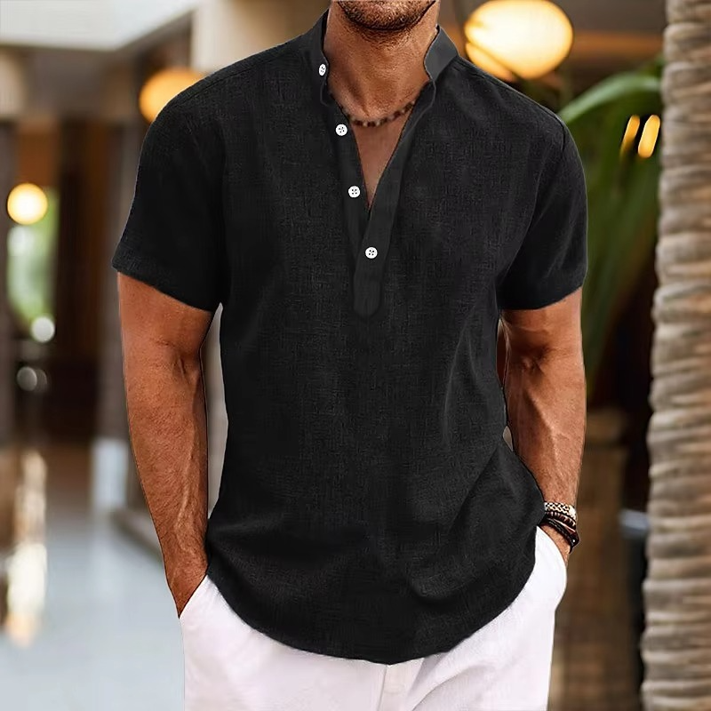 Men's Short Sleeve Linen Henley Shirt Casual Everyday Top With Button Placket Breathable Lightweight Fabric