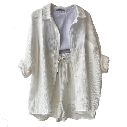 Women's Set - Lightweight Cotton - Button-Up Shirt & Elastic Waist Shorts