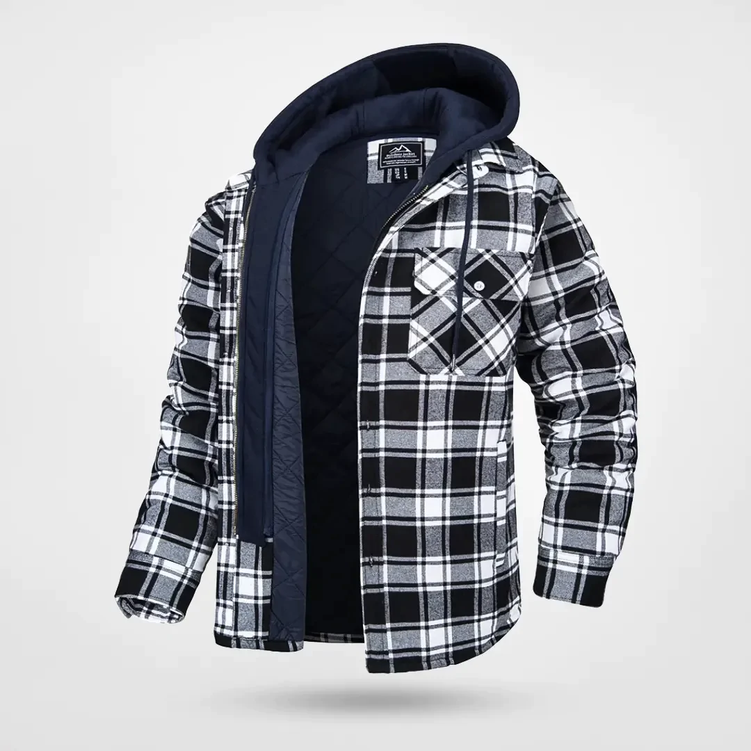 Men's Hooded Checkered Coat With Quilted Lining For Cold Weather, Relaxed Fit, Button Front