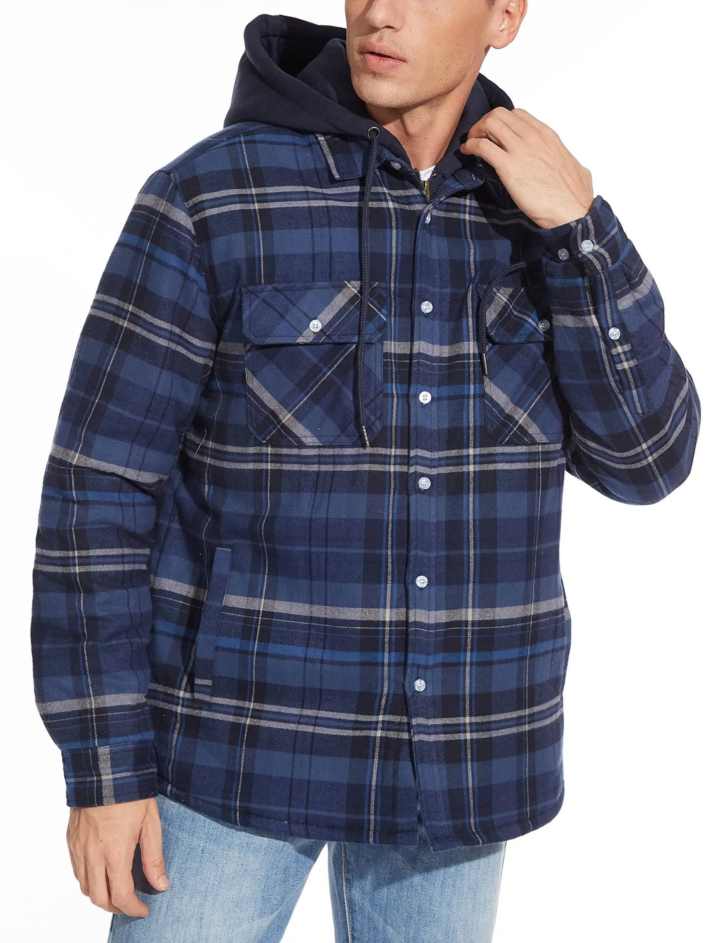 TrendAura Mens Hooded Plaid Bomber Jacket With Zip Front And Warm Lining For Everyday Wear