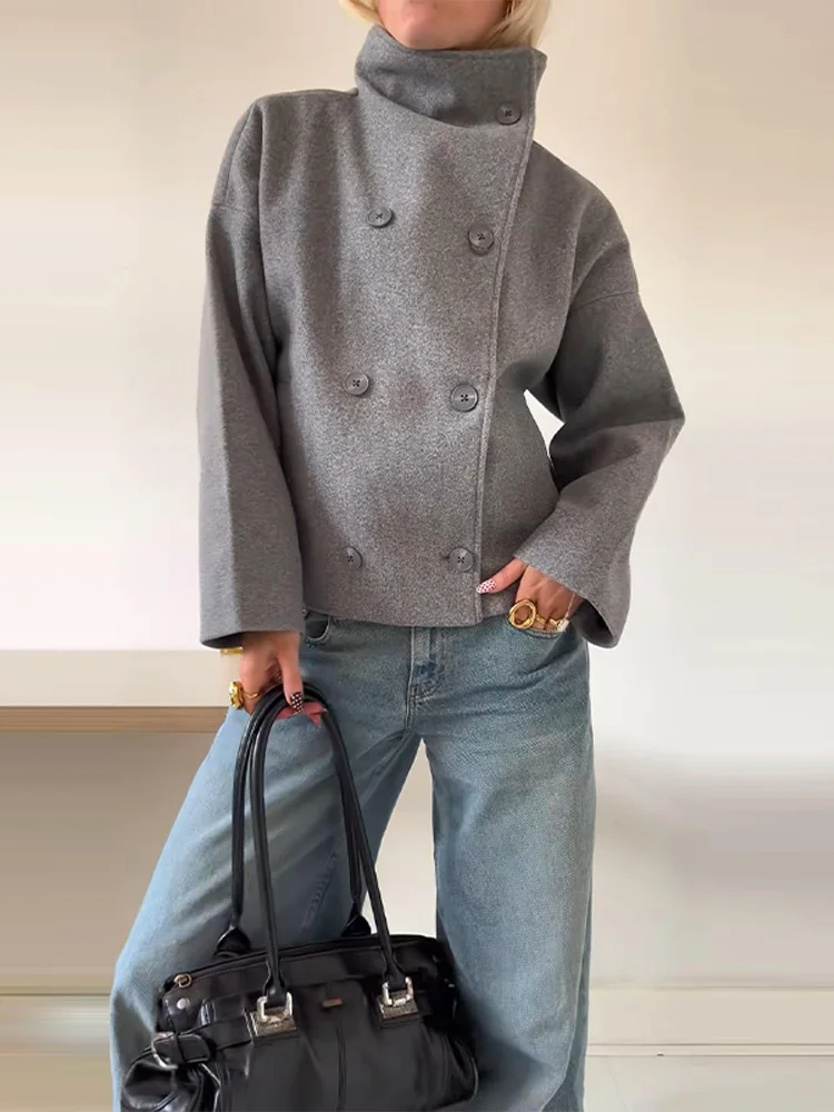 Women’s Short Coat – Oversized Fit – Wool Blend – Stand-Up Collar – Double-Breasted