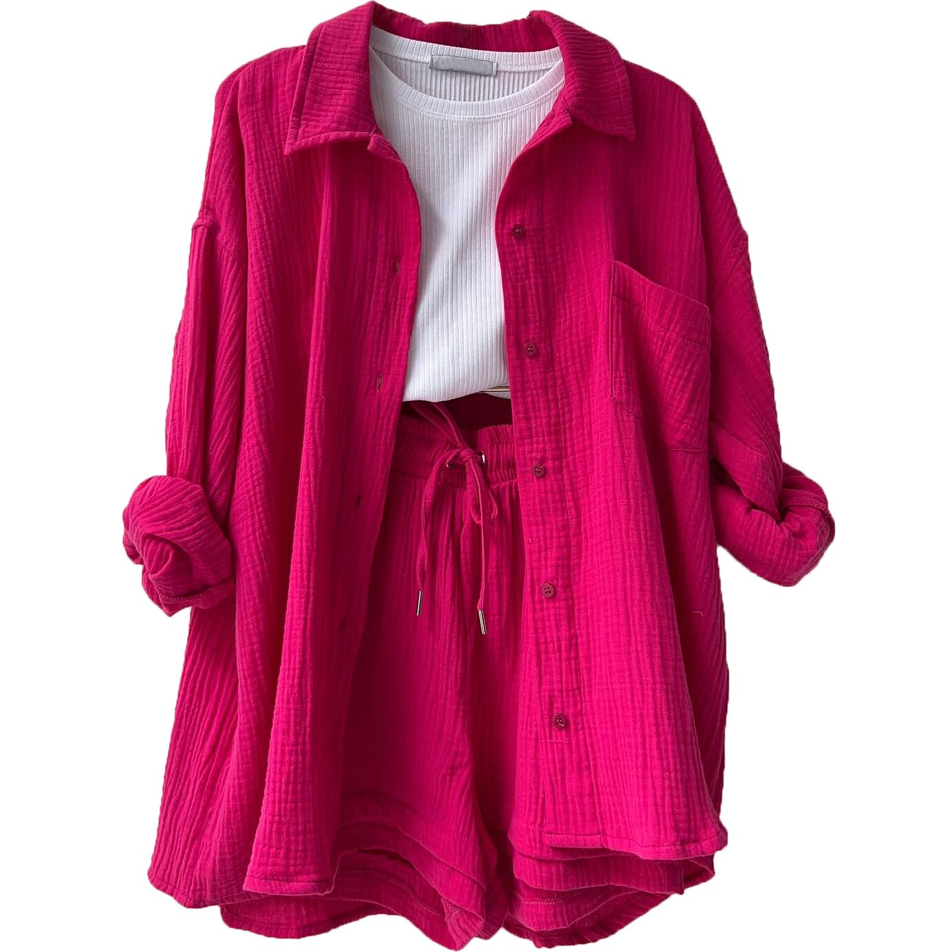 Women's Set - Lightweight Cotton - Button-Up Shirt & Elastic Waist Shorts