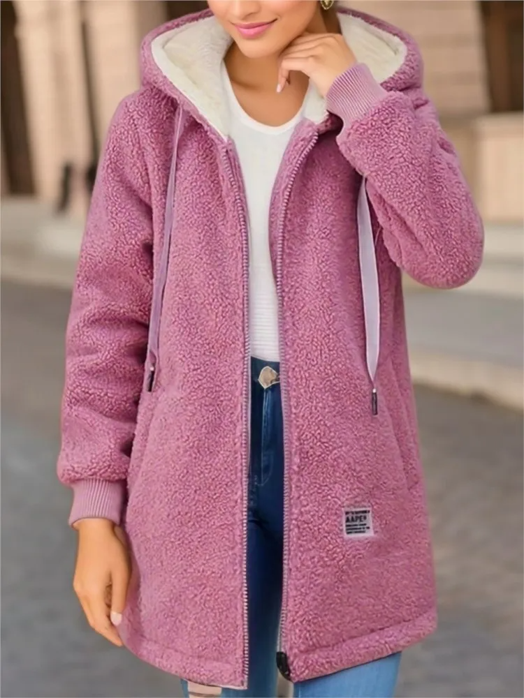 Women’s Mid-Length Coat – Fleece Hooded – Loose Fit – Zipper Front – Ribbed Cuffs